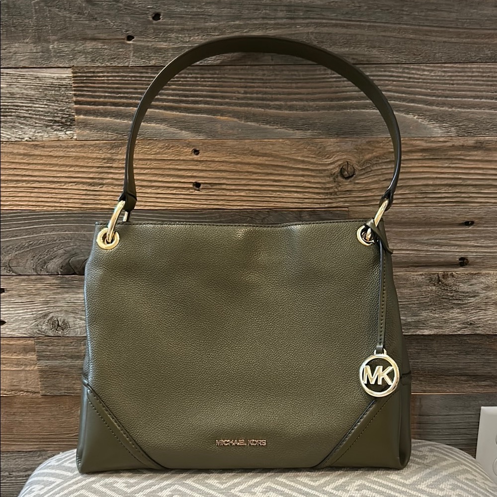 Michael Kors Olive Green Shoulder Bag With Gold Hardware